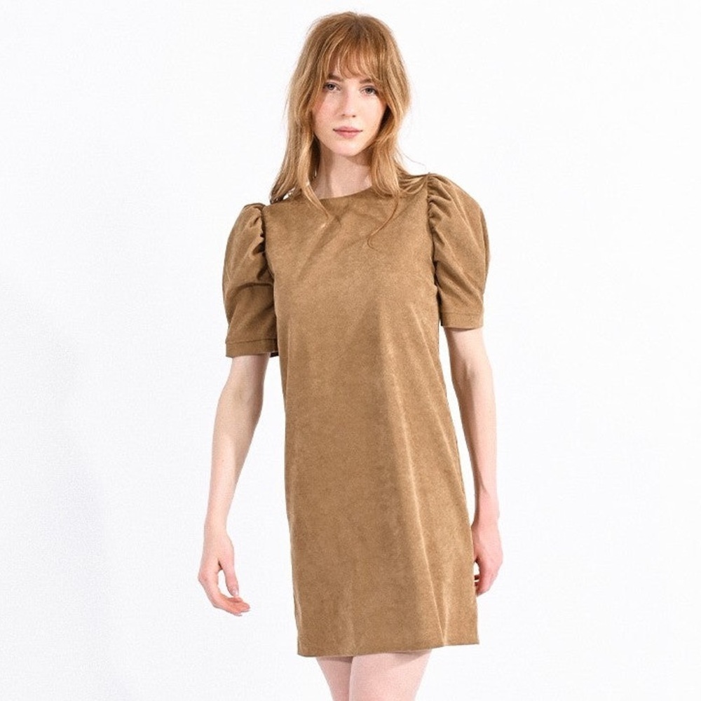 Molly Bracken Camel Corduroy Puff Sleeve Shift Dress Small Fall Cottagecore